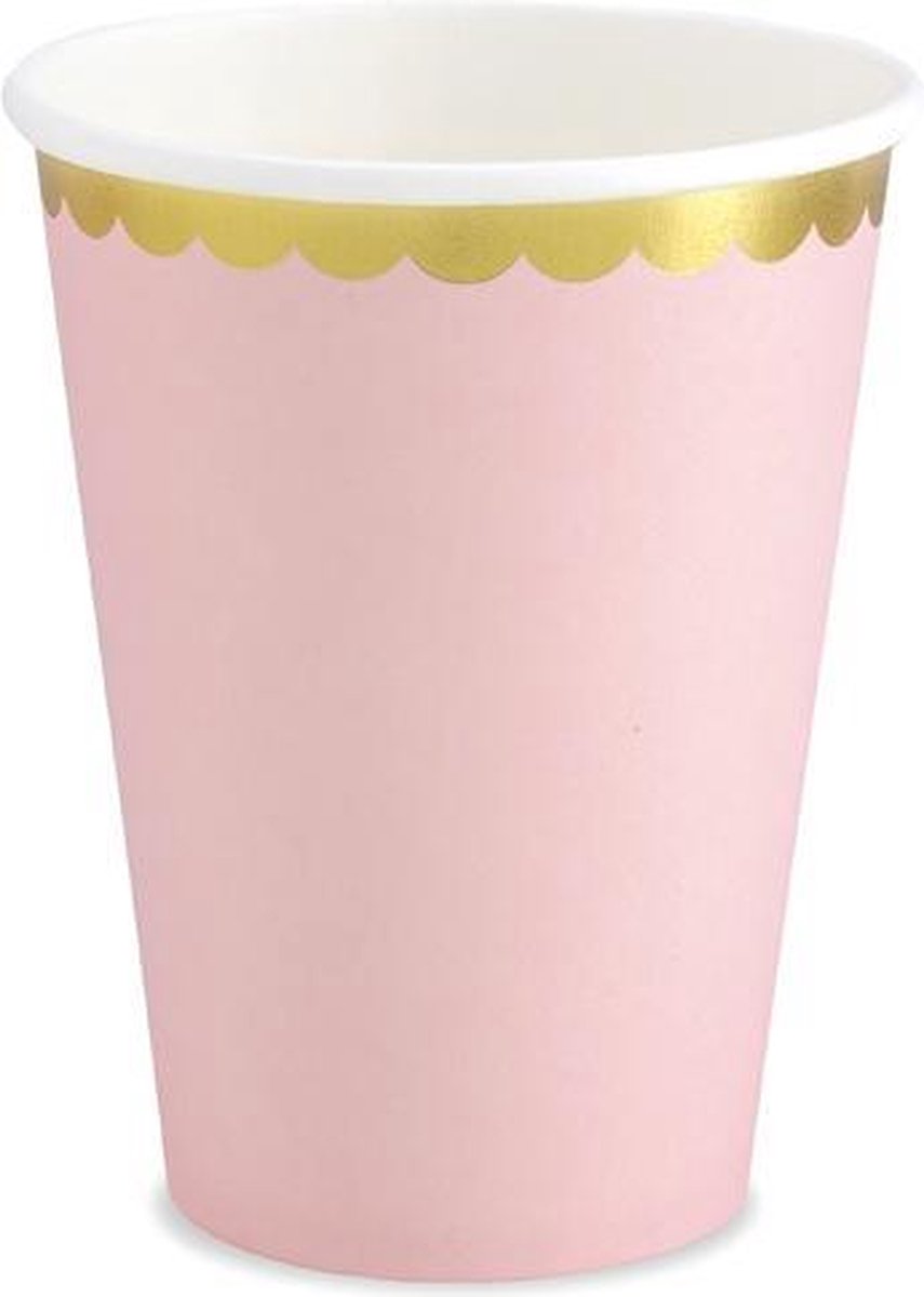 Papieren Bekers - Roze met metallic gouden randje (6 stuks) - Partydeco