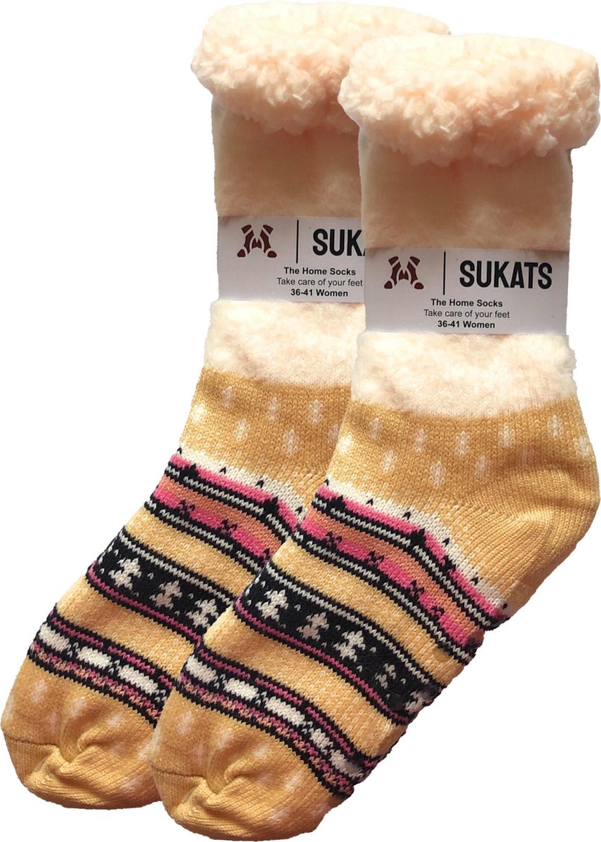 Sukats - Homesocks - Huissokken - Dames en Heren - Maat 36-41 - Bruin - Retro - Anti-Slip - Fluffy - Meerdere Maten en Varianten