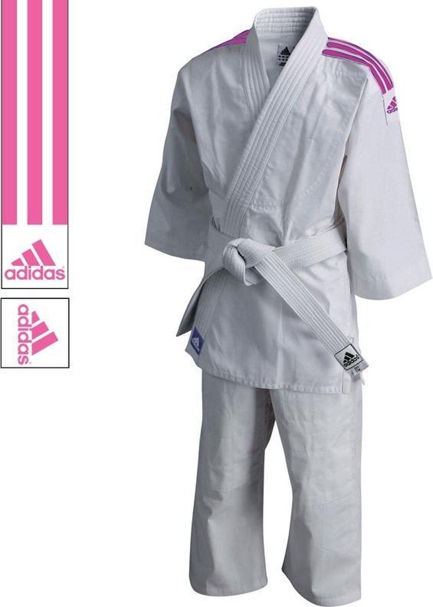 adidas Judopak J200 Evo Junior  Vechtsportpak - Maat 130  - Unisex - wit/roze Maat/ Lichaamslengte 130 cm