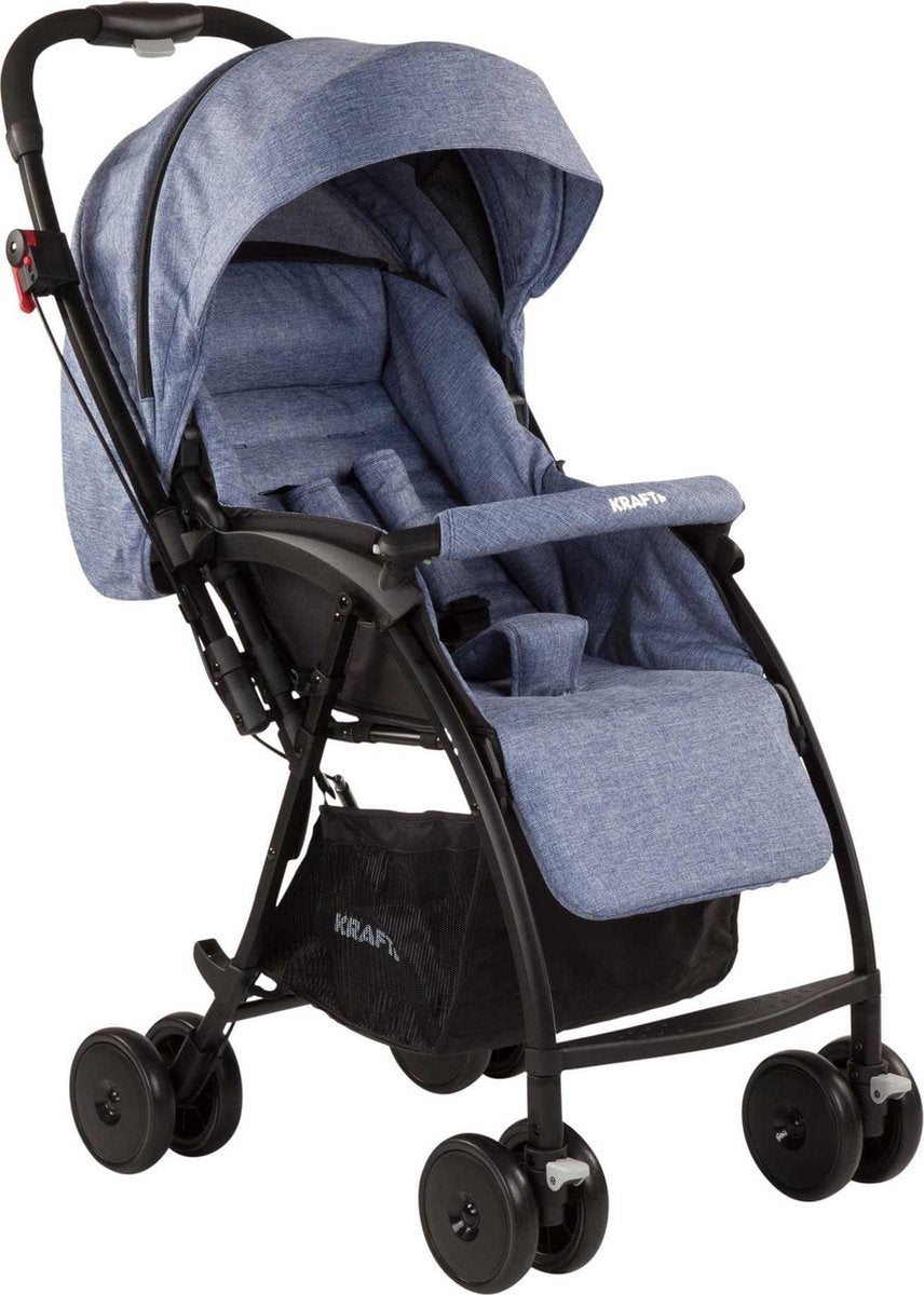 Kraft Power Pop-Up Wandelwagen | Marineblauw | Bidirectioneel gebruik | Volledig afsluitbaar zonnescherm met rits | Regenjas | 360 ° zwenkwielen | Draagvermogen tot 15 kg