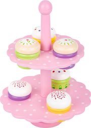 Houten kinder speelgoed roze etagère (rekje) met muffins / cakejes voor in de speelkeuken (rollenspel)