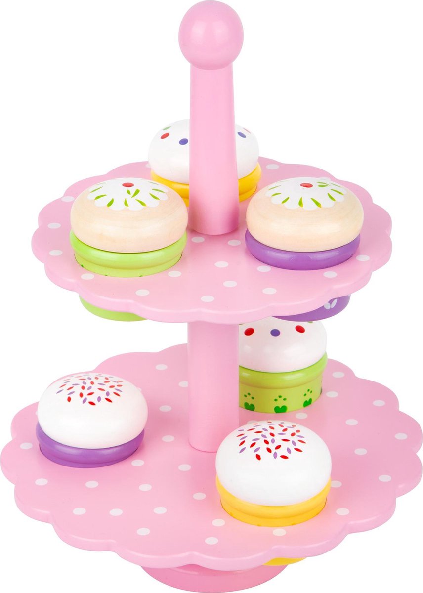 Houten kinder speelgoed roze etagère (rekje) met muffins / cakejes voor in de speelkeuken (rollenspel)
