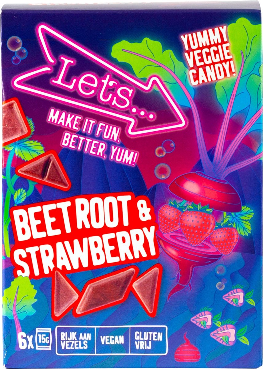 Let's - Biet & Aardbei smaak - Groente & Fruit Snoep - 90 gram / doosje - rijk aan vezels - vegan - glutenvrij