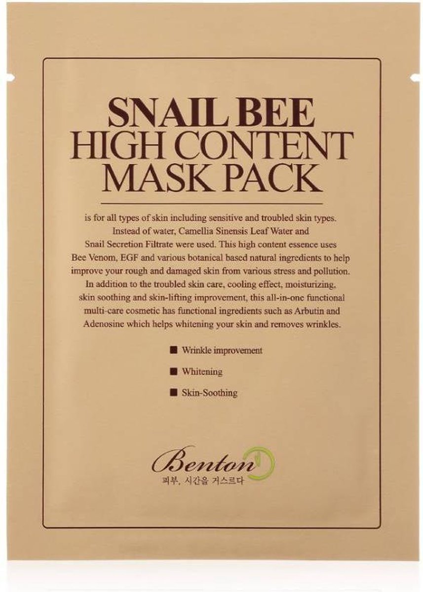 BENTON : Gezichtmasker |Snail Bee High Content Sheet Mask| Hydraterend |Anti-ageing| Sheet Mask Pack | 20gx10 pcs