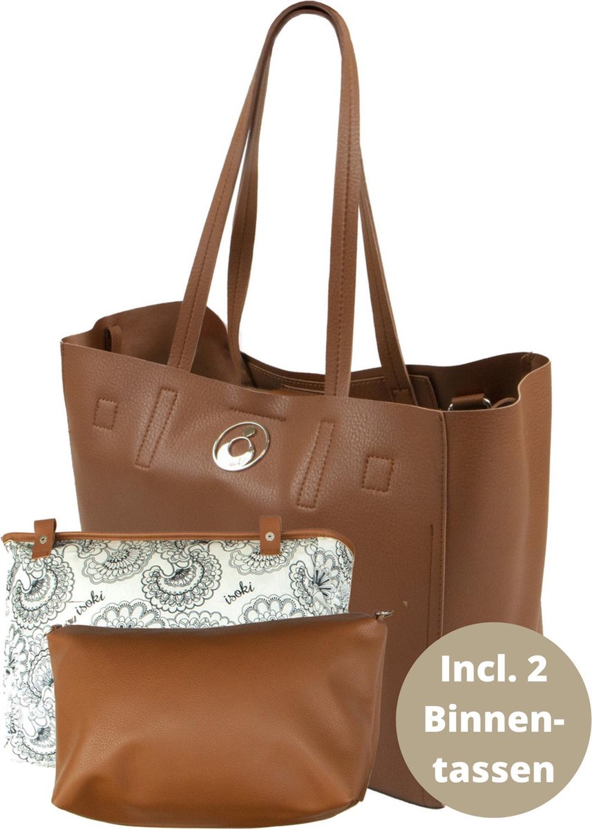 Isoki Grote Bruine Luiertas Schoudertas Avoca Tote Tan Cognac - Uitneembare Binnentassen - Lederlook Bruin