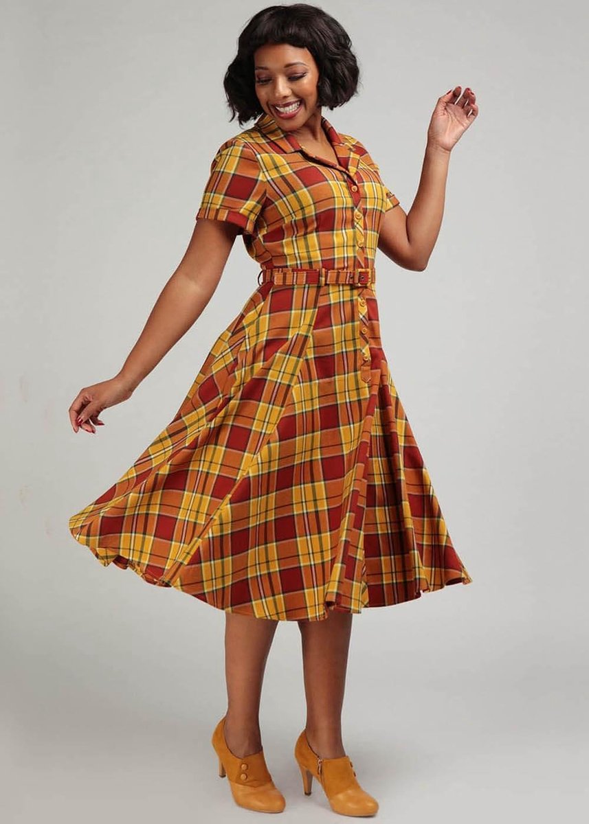 Collectif Caterina Autumn Leaves Check 50's Swing Jurk Oranje