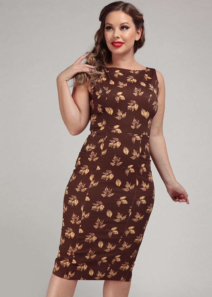 Collectif Hepburn Fall Leaves 50's Pencil Jurk Bruin