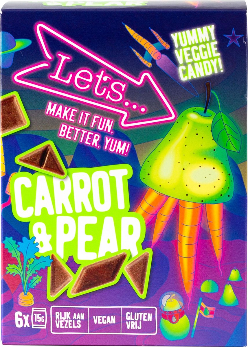 Let's - Wortel & Peer smaak - Groente & Fruit Snoep - 90 gram / doosje - rijk aan vezels - vegan - glutenvrij
