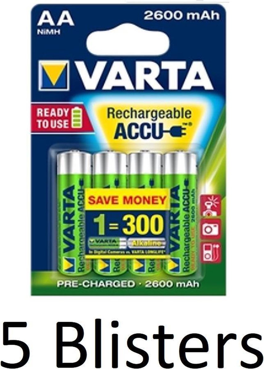 20 Stuks (5 Blisters a 4 st) Varta AA Oplaadbare Batterijen 2600 mAh