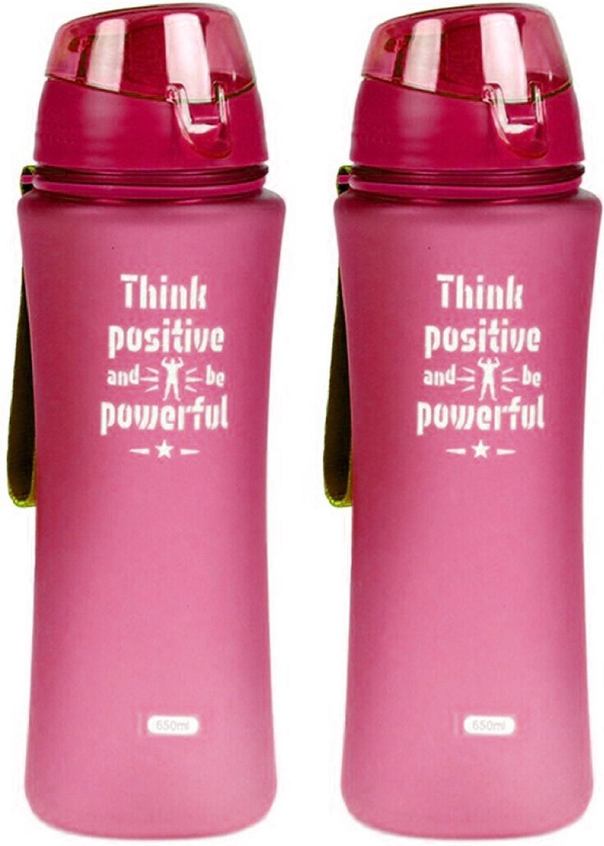 2x Sport Bidon drinkfles/waterfles Think Positive print roze 650 Ml van Kunststof