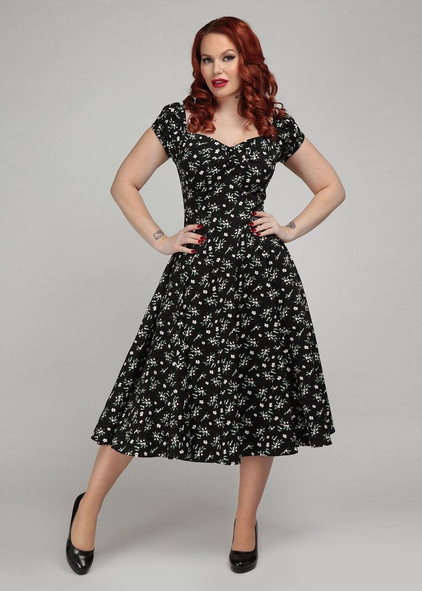 Collectif Dolores Berry Floral 50's Swing Jurk Zwart