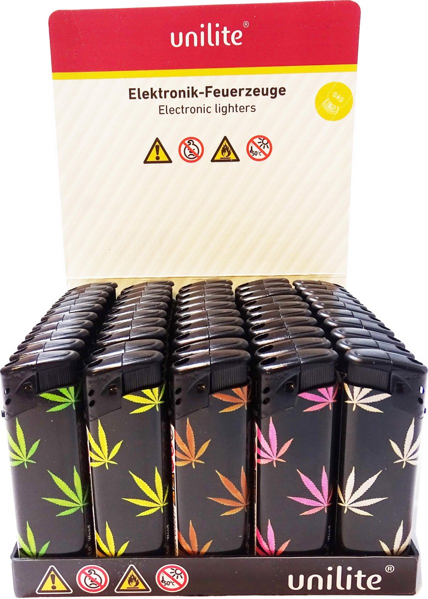Klik aanstekers - MARIJUANA - 50 stuks in tray navulbaar- Unilite (high quality) aansteker - met cannabis - weed print