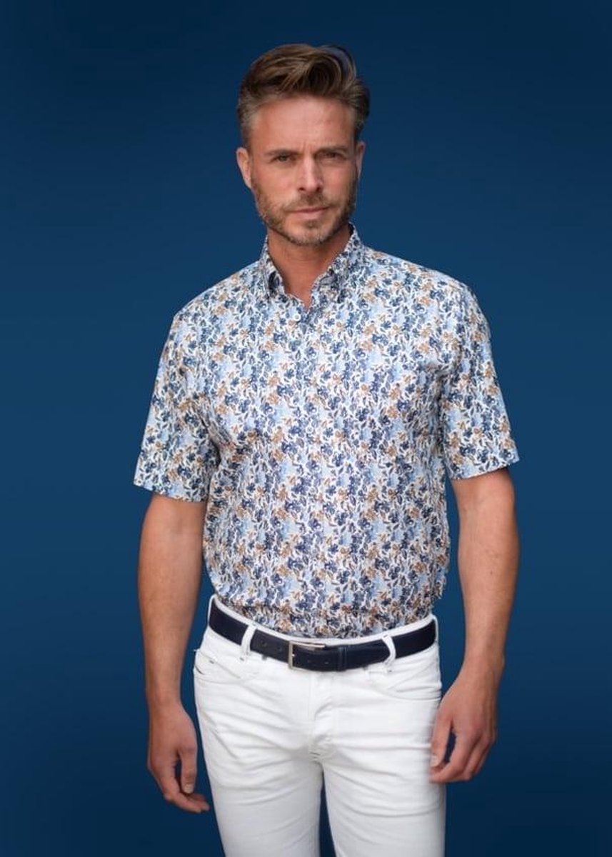 GCM heren blouse kaki/blauw print KM - maat L