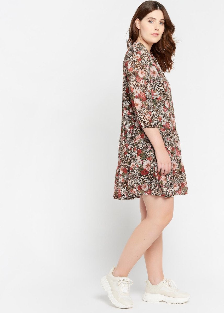 Mini jurk met bloemen en luipaardprint - Beige