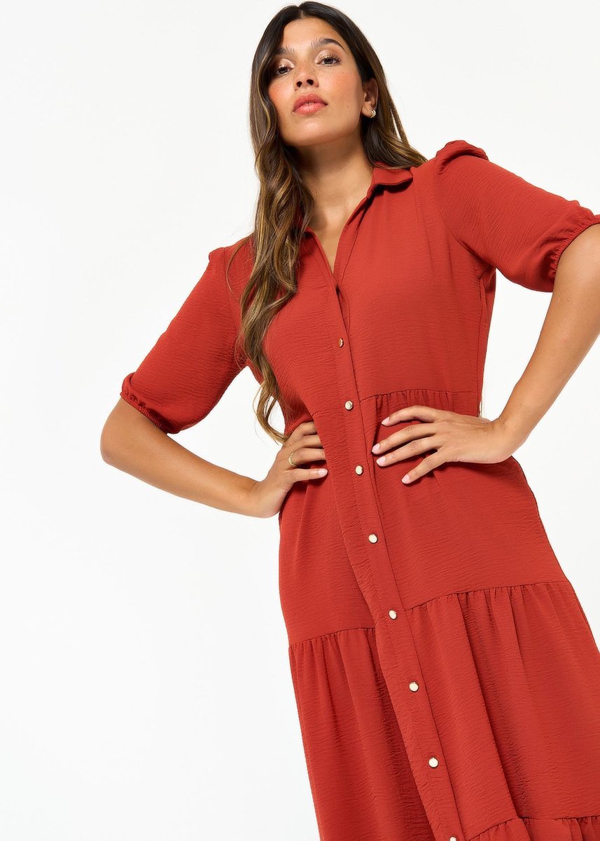 Lange overhemd jurk met korte mouwen - Rood