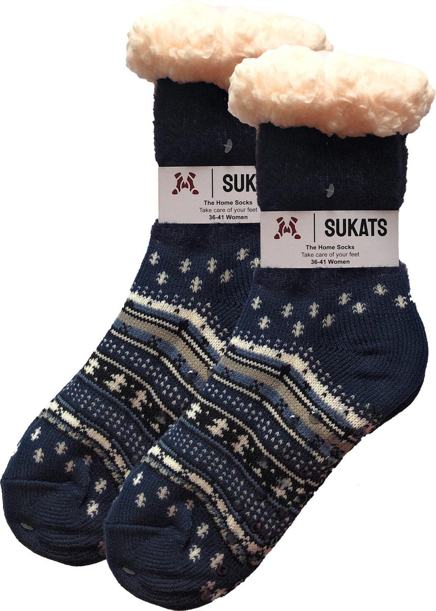 Sukats - Homesocks - Huissokken - Dames en Heren - Maat 36-41 - Donkerblauw - Retro - Anti-Slip - Fluffy - Meerdere Maten en Varianten