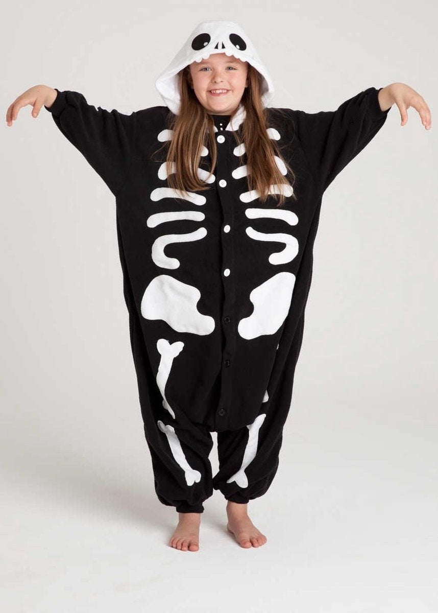 KIMU Onesie skelet kinder pak botten kostuum halloween - maat 110-116 - skeletpak jumpsuit pyjama