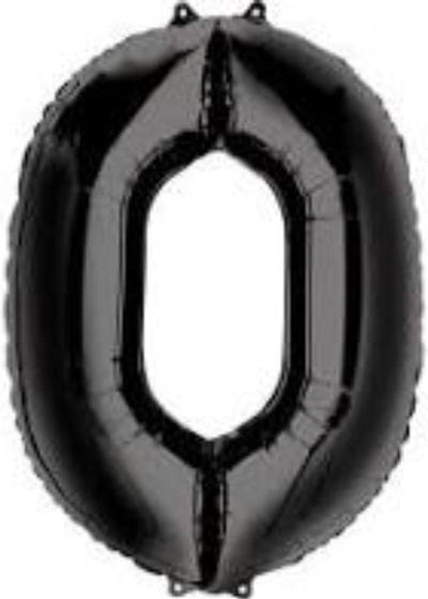 Folie ballon XL cijfer 0 zwart kleur is 1 meter  groot inclusief een flamingo sleutelhanger