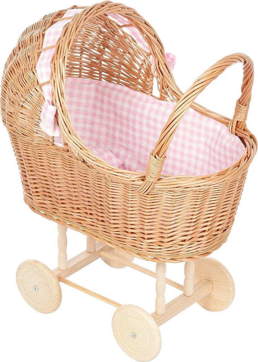 Rieten poppenwagen - houten wielen - Roze Ruitjes