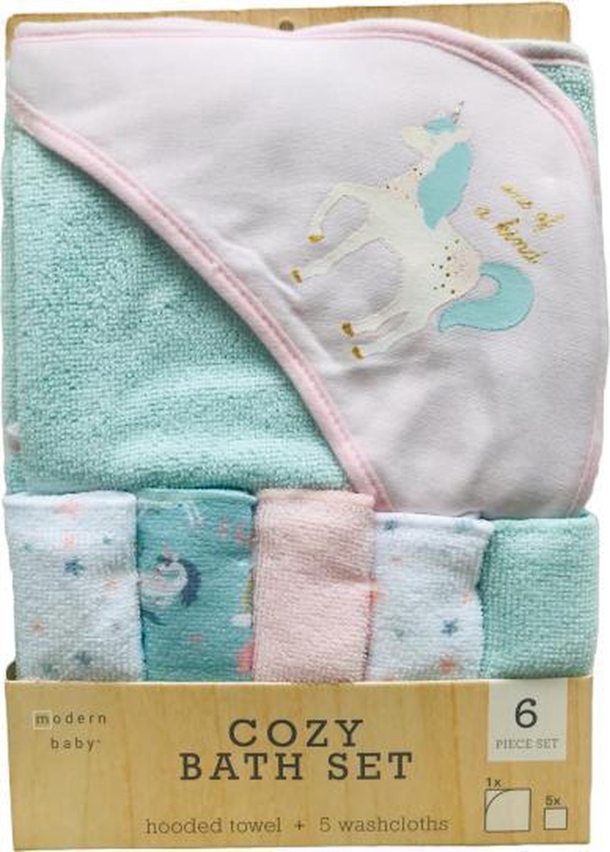 Set Baby badset | Baby Badcape met capuchon + 5 doekjes Unicorn Roze Baby meisjes | Baby wikkeldoek | cadeauset
