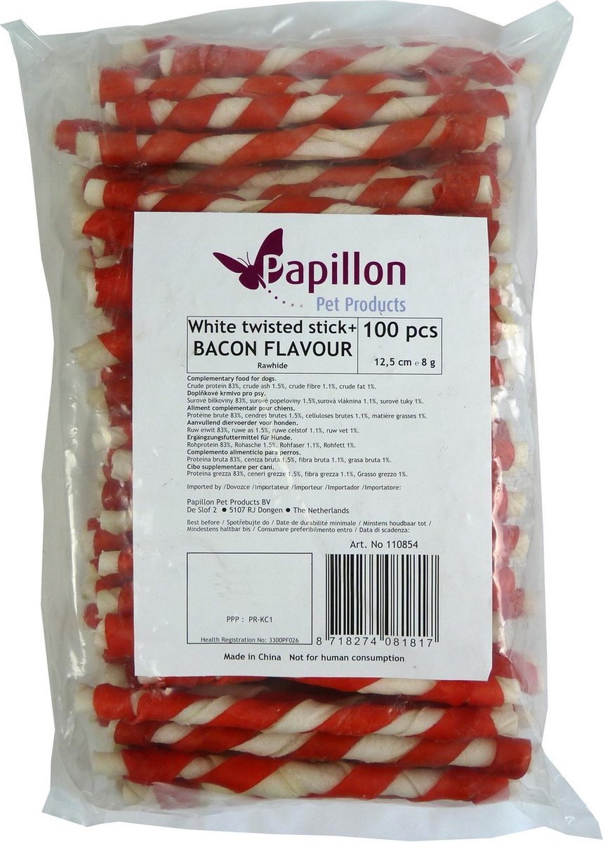 Rolsticks wit runderhuid  met bacon smaak 100st 12½ cm