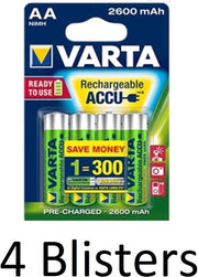 16 Stuks (4 Blisters a 4 st) Varta AA Oplaadbare Batterijen 2600 mAh
