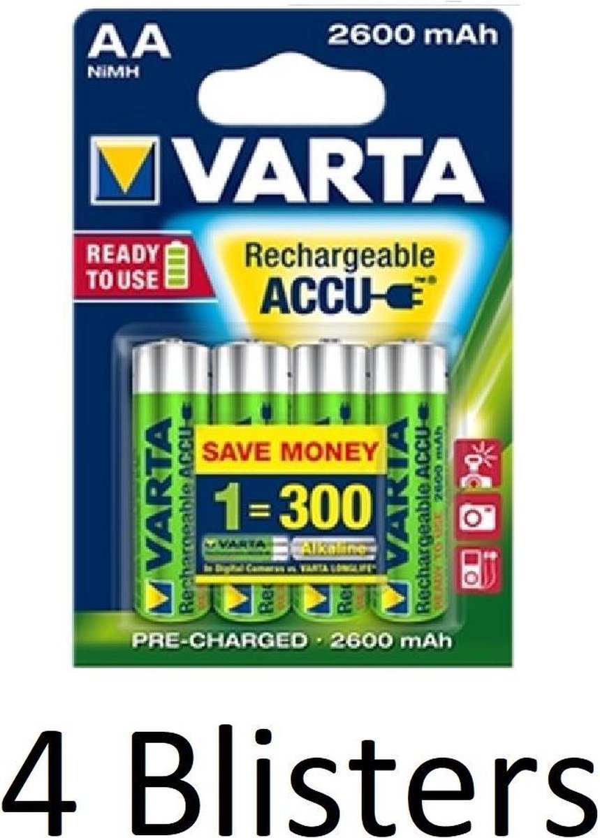 16 Stuks (4 Blisters a 4 st) Varta AA Oplaadbare Batterijen 2600 mAh