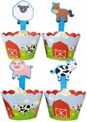 12 stuks cupcake omslagen + 12 toppers boerderij dieren