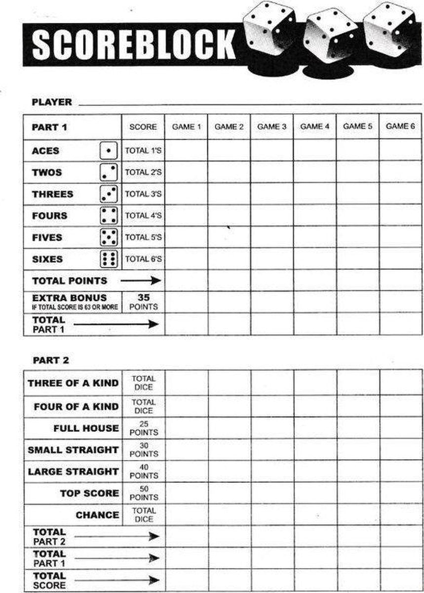 BLOKSTORE - Games Yahtzee Scoreblok - Scoreblok Yahtzee - 100 Vellen - met 10 dobbelstenen