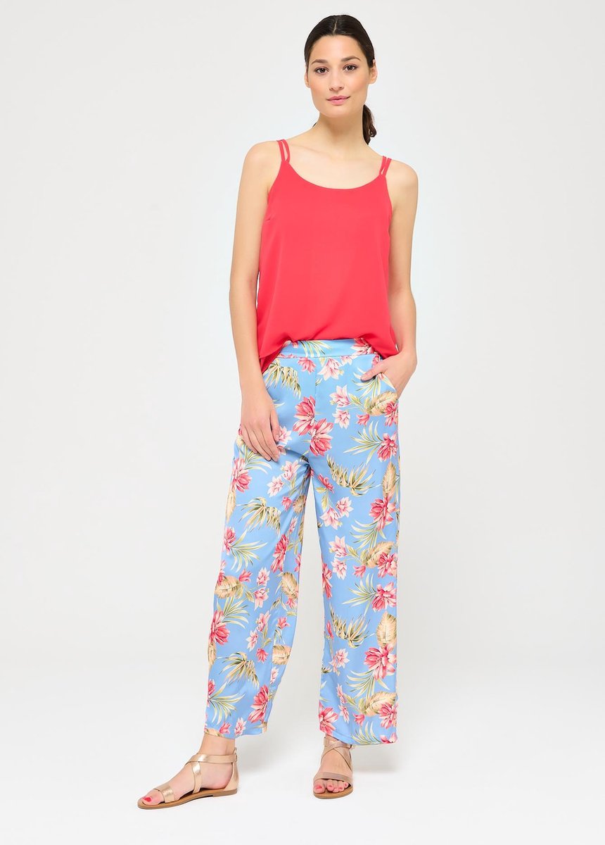 Satijnen losse broek met bloemen - Blauw