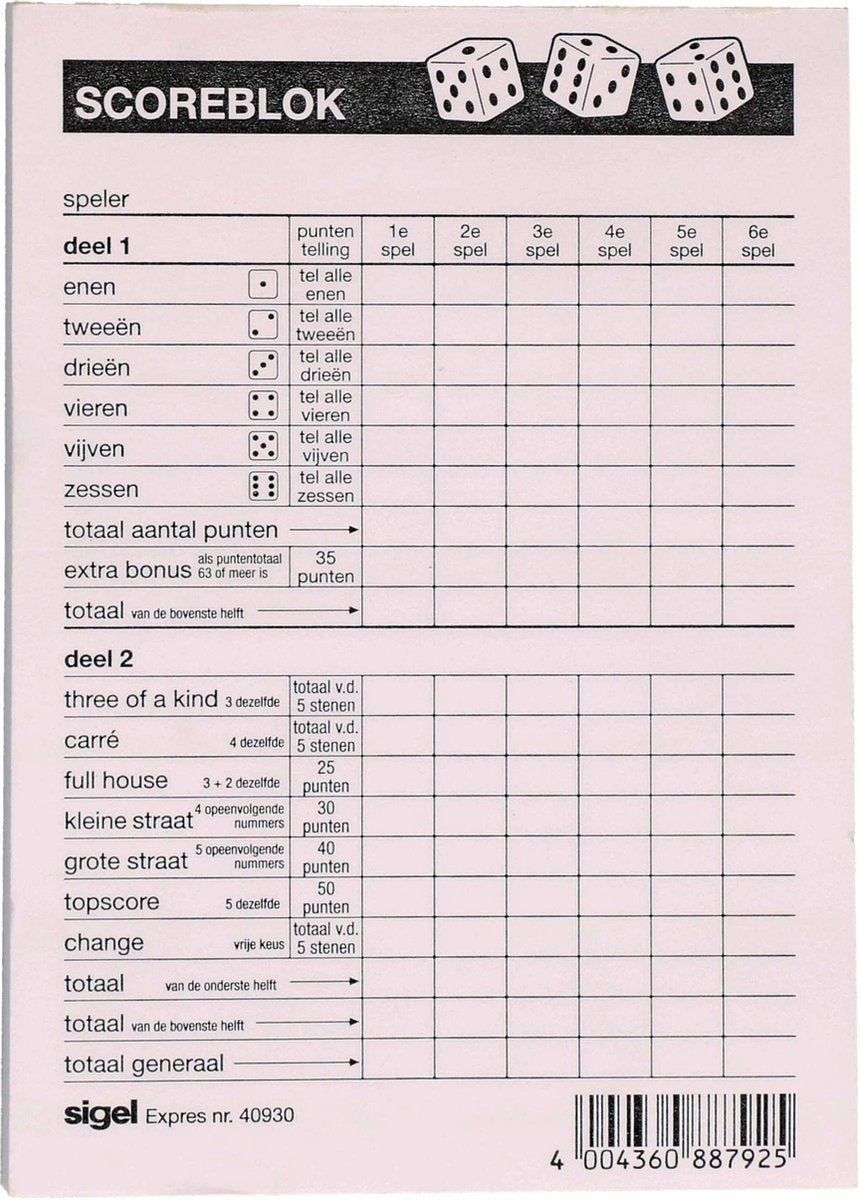 1x Scoreblokken Yahtzee 100 vellen - Familiespellen - Dobbelspellen - Dobbelspel - Scoreblokken/scorekaarten - Score notitieblok
