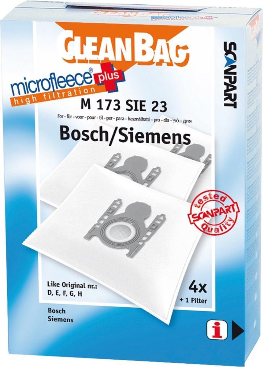CleanBag M173SIE23 Stofzuigerzakken - MicroFleece+ Geschikt voor Bosch/Siemens D/E/F/G/H - 4 stuks