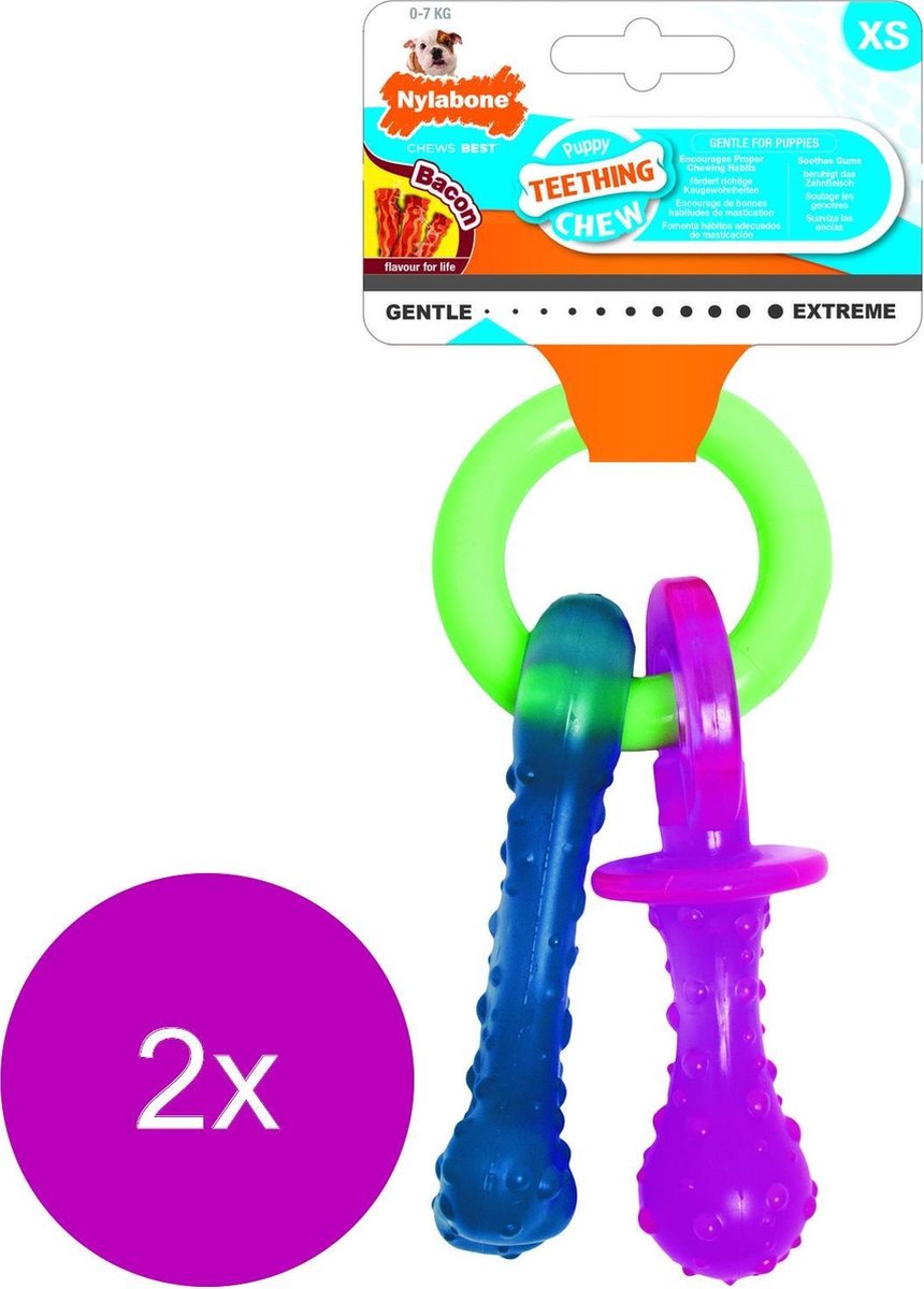 Nylabone Puppy Teething Pacifier Flexible - Hondenspeelgoed - 2 x Bacon 215x100x38 mm 108 g Roze Blauw Groen Tot 11kg Small