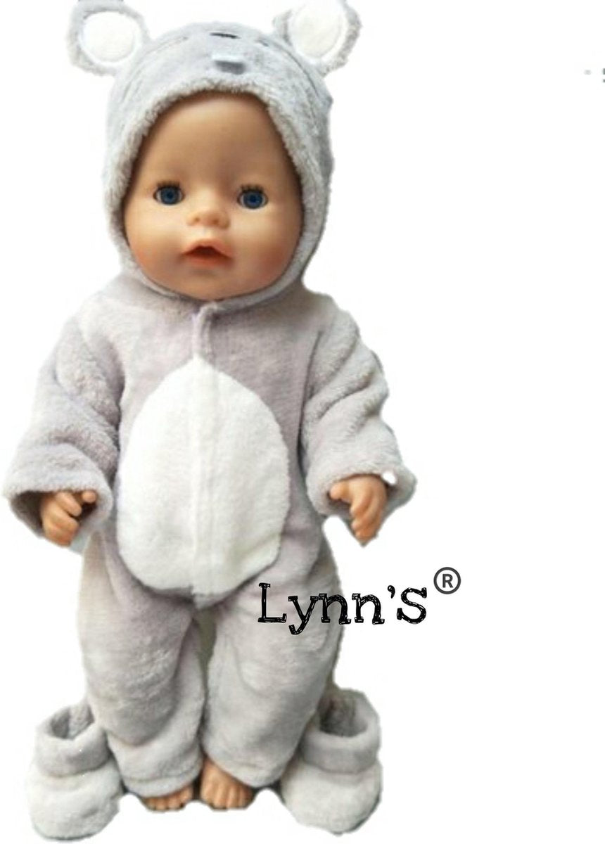 Poppenkleertjes | Geschikt voor Baby Born | Muis onesie met slofjes| Grijs | Met capuchon | Pyjama