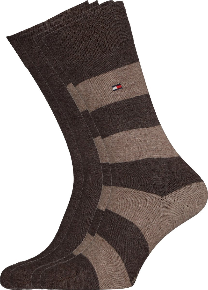 Tommy Hilfiger Rugby Stripe Socks (2-pack) - herensokken katoen gestreept en uni - bruin -  Maat: 39-42