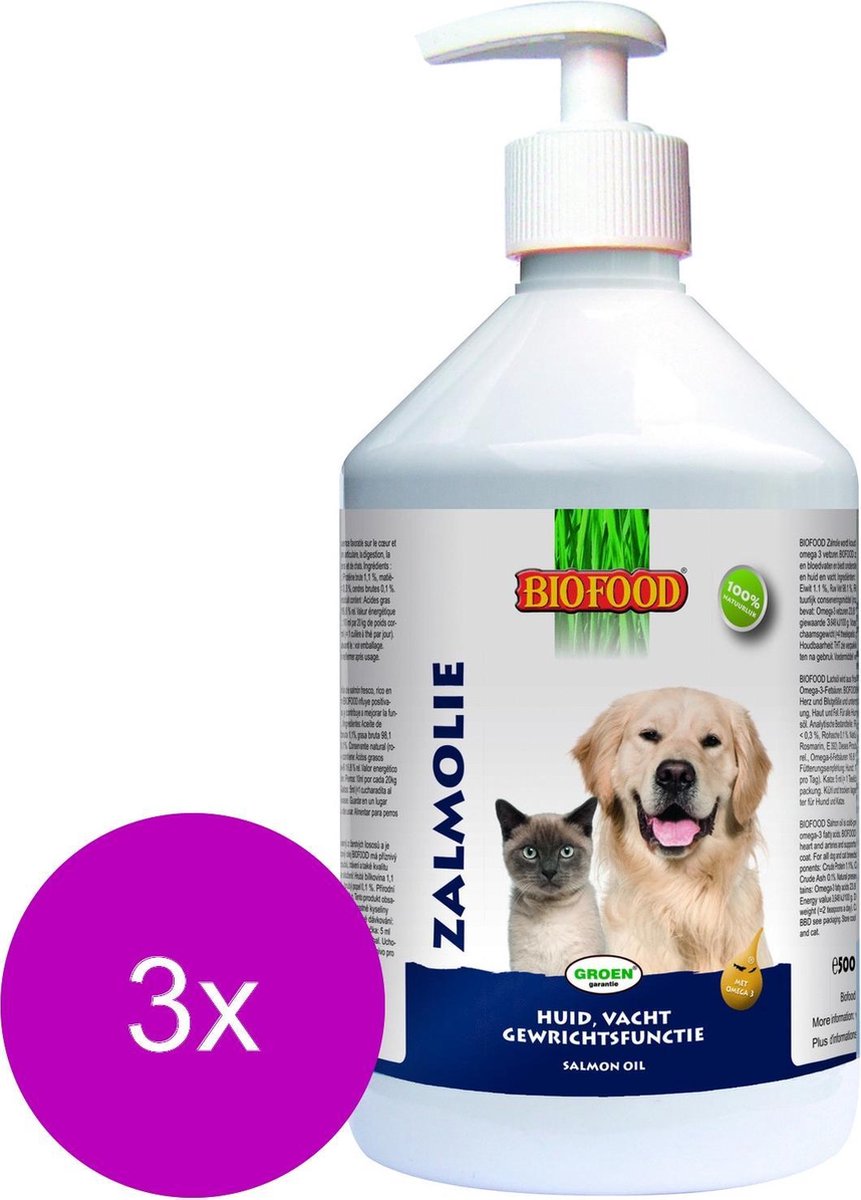 Biofood Zalmolie - Hond & Kat - Voedingssupplement - Met doseerpomp - 3 x 500 ml