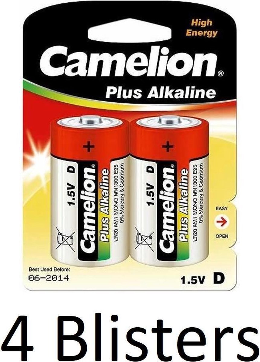 8 Stuks (4 Blisters a 2 st) Camelion Plus Alkaline D Cell Batterij