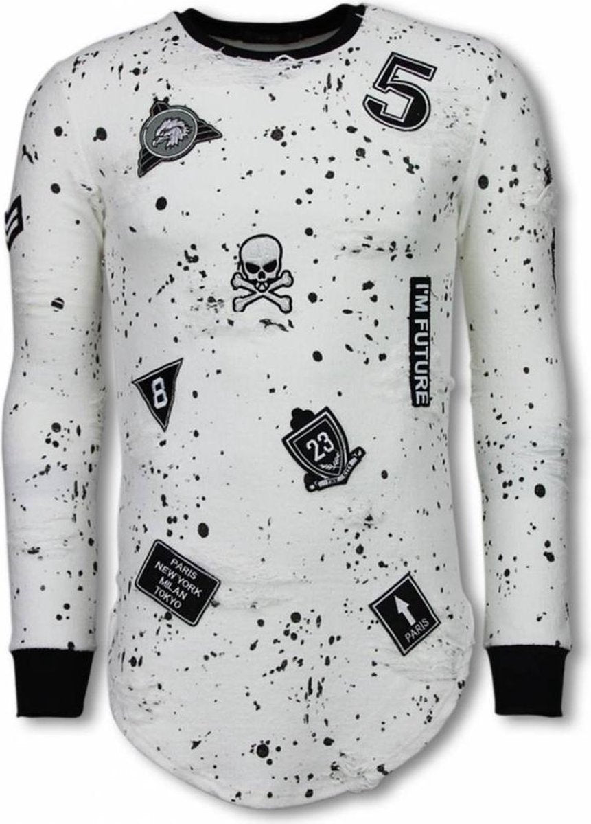 JUSTING Paint Drops Army Shirt - Long Fit Sweater - Wit - Maten: M