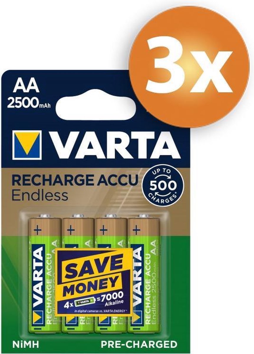 Varta Endless AA 2500mAh oplaadbare batterijen - 12 stuks
