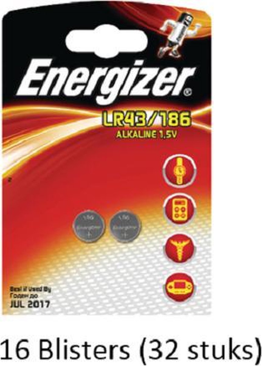 32 stuks (16 blisters a 2 stuks) Energizer knoopcel LR43/186 1.5V