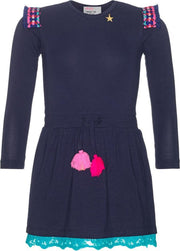 Mim-pi Meisjes Jurk - Blauw met roze - Maat 146