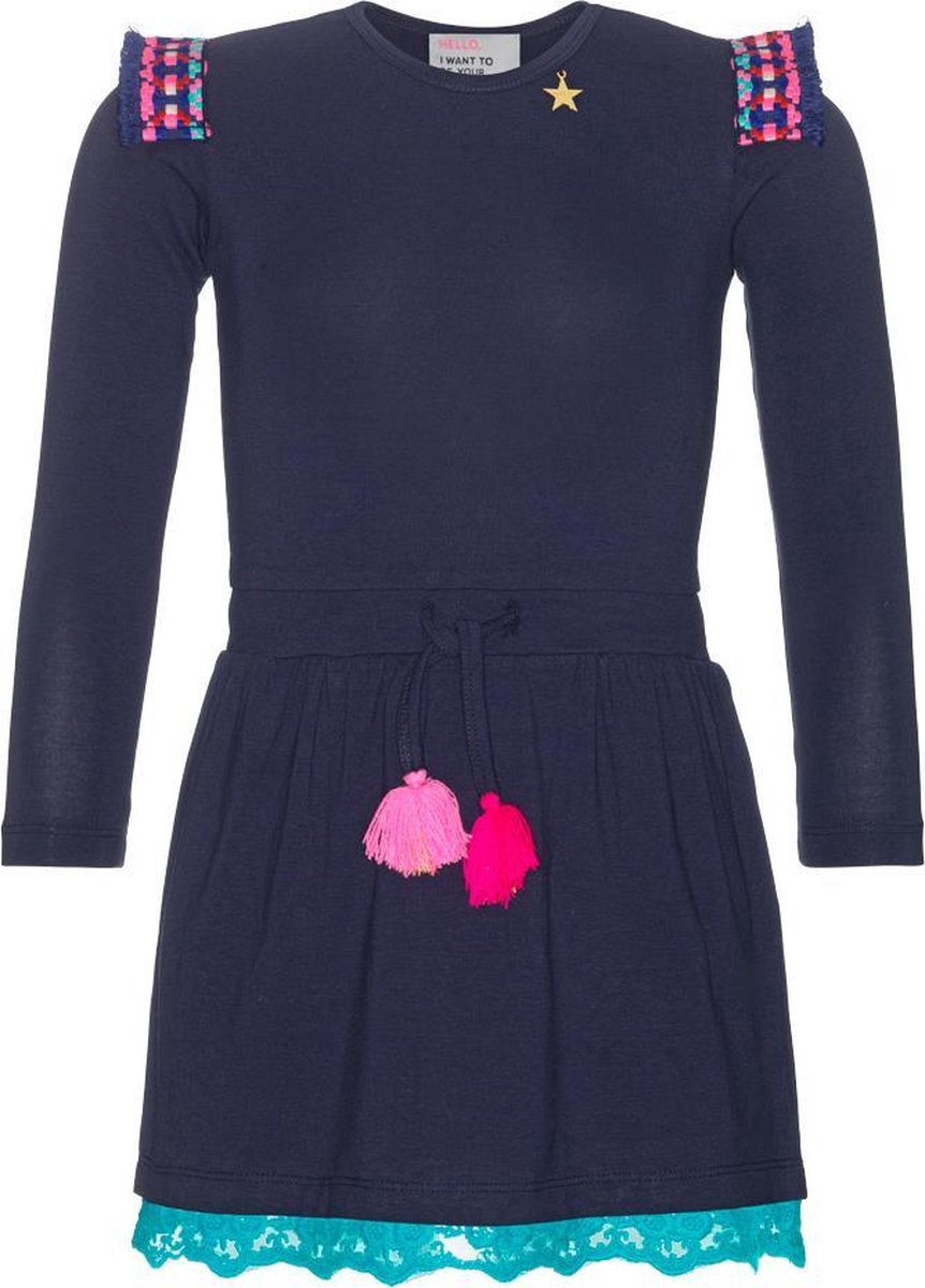 Mim-pi Meisjes Jurk - Blauw met roze - Maat 146