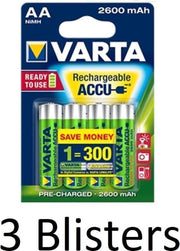 12 Stuks (3 Blisters a 4 st) Varta AA Oplaadbare Batterijen 2600 mAh