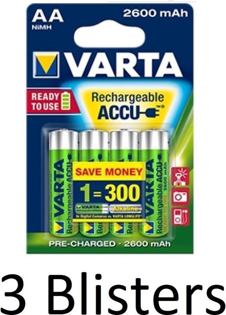 12 Stuks (3 Blisters a 4 st) Varta AA Oplaadbare Batterijen 2600 mAh