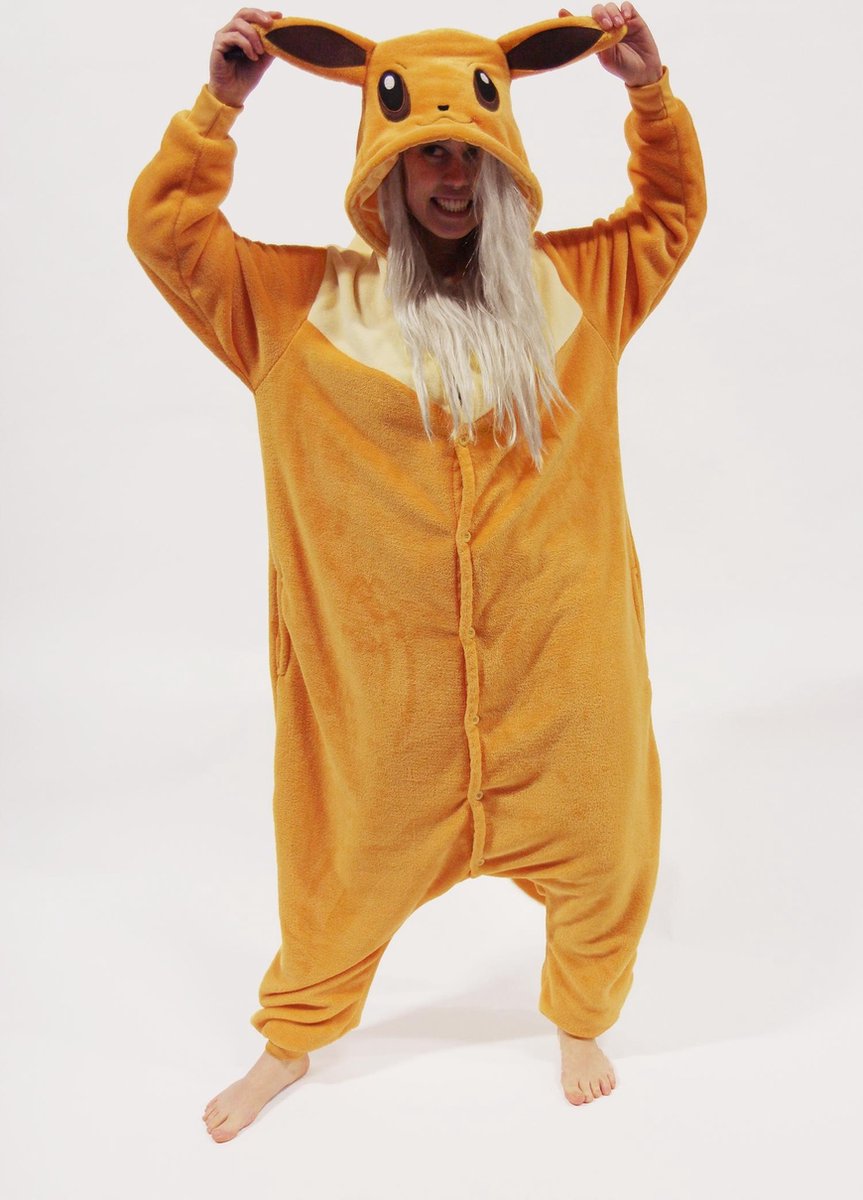 KIMU Onesie Eevee Pokemon kinder pakje kostuum lichtbruin - maat 110-116 - Eeveepak jumpsuit pyjama