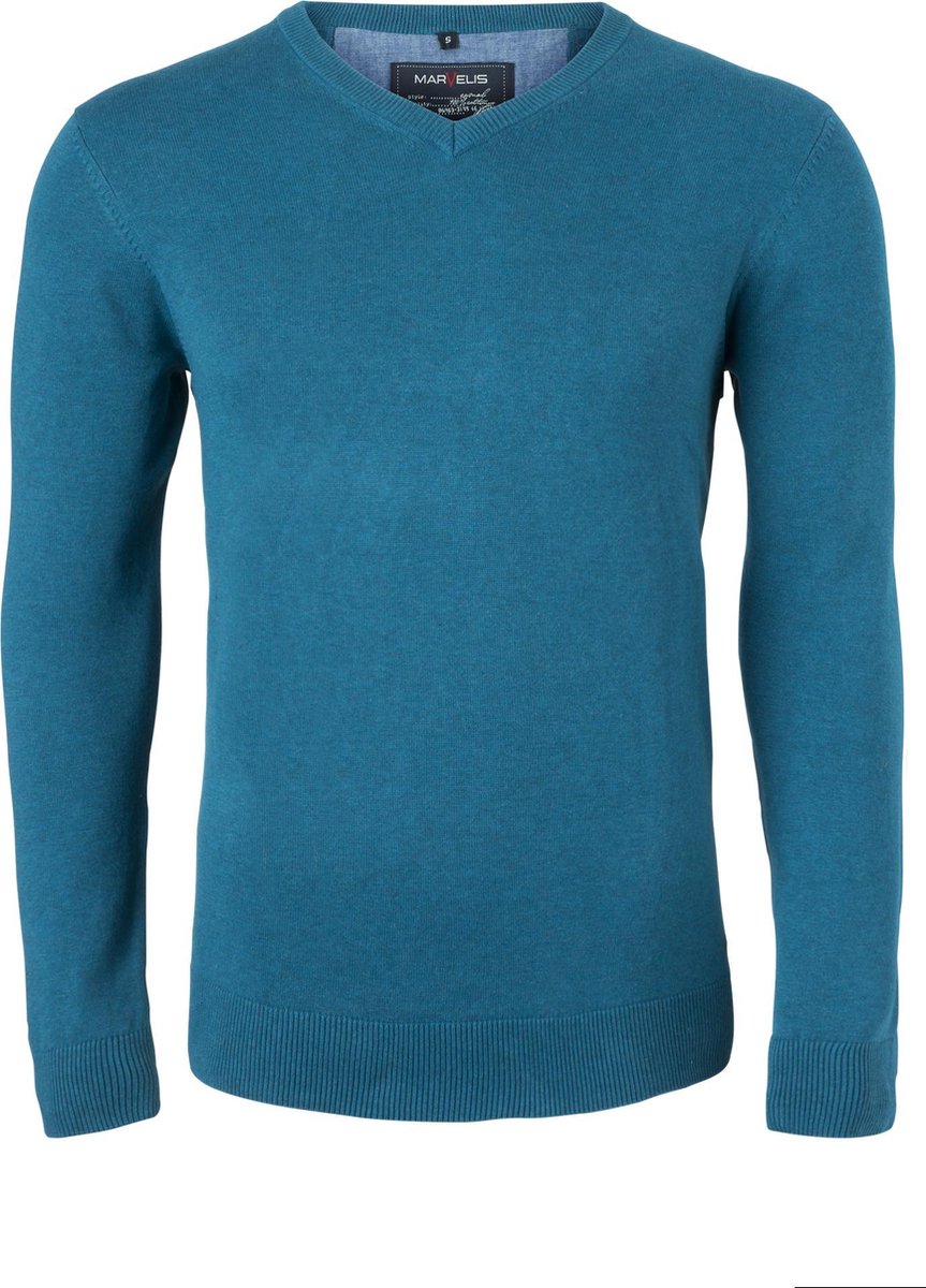 MARVELIS modern fit trui katoen - V-hals - turquoise -  Maat: 3XL
