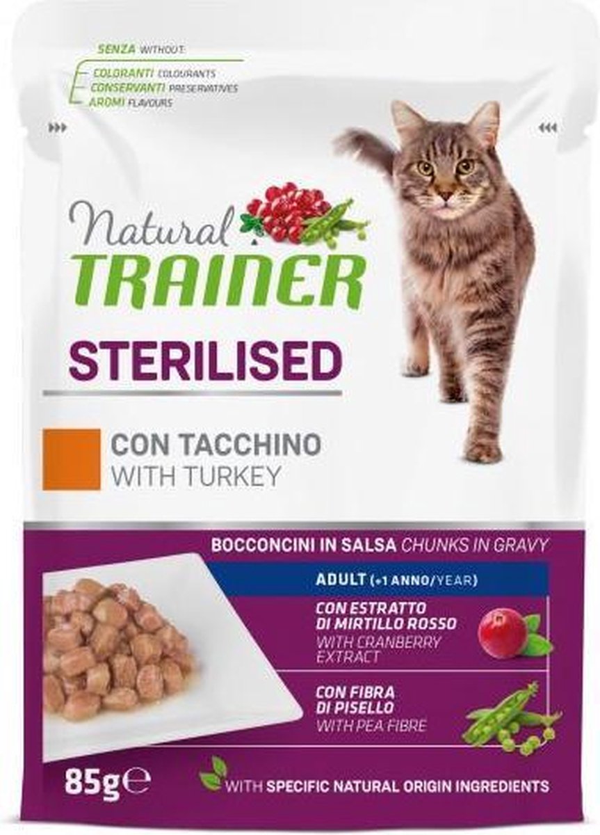 Natural trainer cat sterilised turkey pouch kattenvoer 12x85 gr
