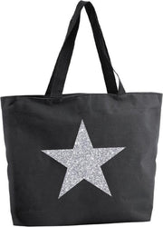 Zilveren ster glitter shopper tas - zwart - 47 x 34 x 12