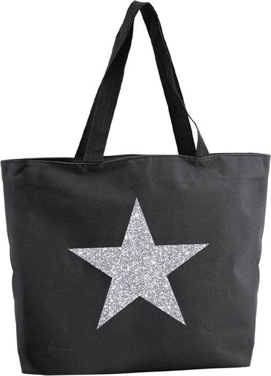 Zilveren ster glitter shopper tas - zwart - 47 x 34 x 12