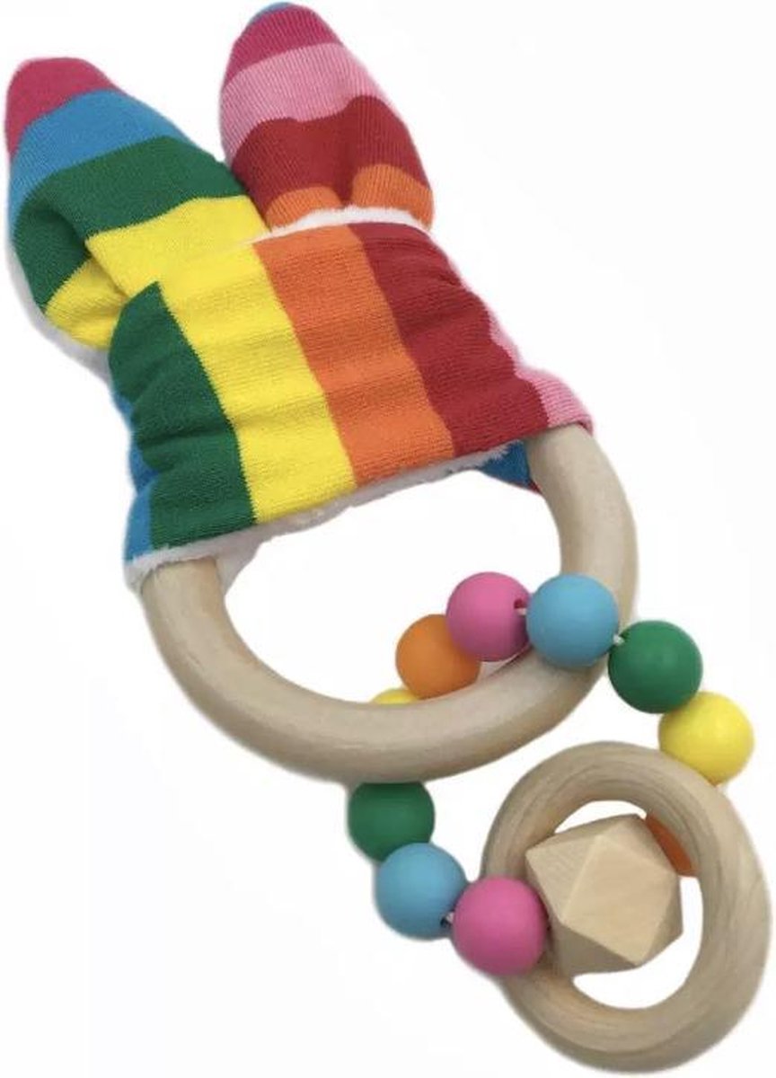Houten bijtring bunny regenboog